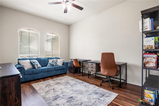 home office with ceiling fan and wood finished floors