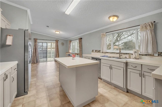 kitchen featuring sink, crown molding, stainless steel appliances, and a kitchen island