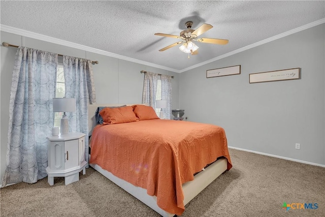 bedroom with crown molding, carpet floors, and a textured ceiling