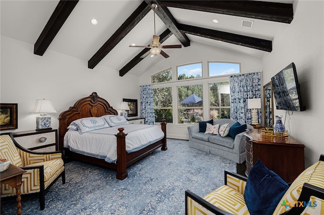 2319 Geneseo Oaks, New Braunfels, TX 78132 - bedroom featuring beam ceiling, high vaulted ceiling, and ceiling fan