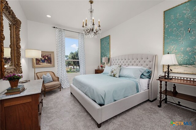 2319 Geneseo Oaks, New Braunfels, TX 78132 - carpeted bedroom with an inviting chandelier and recessed lighting