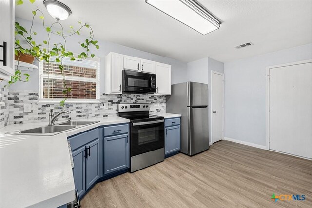 3410 Regency Ct, Killeen, TX 76549 - kitchen with stainless steel appliances, a sink, light wood-style floors, and blue cabinets