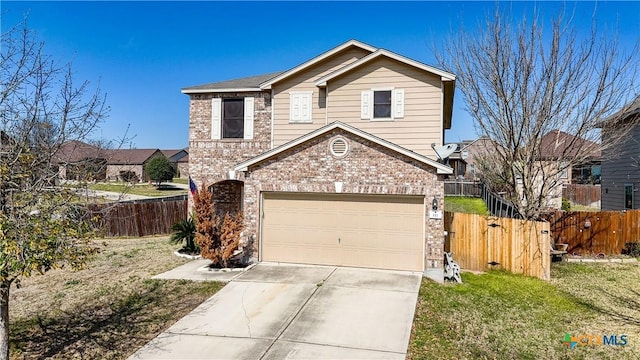 111 Sheep Trail Dr, Kyle, TX 78640 - traditional-style home with driveway, an attached garage, fence, and brick siding