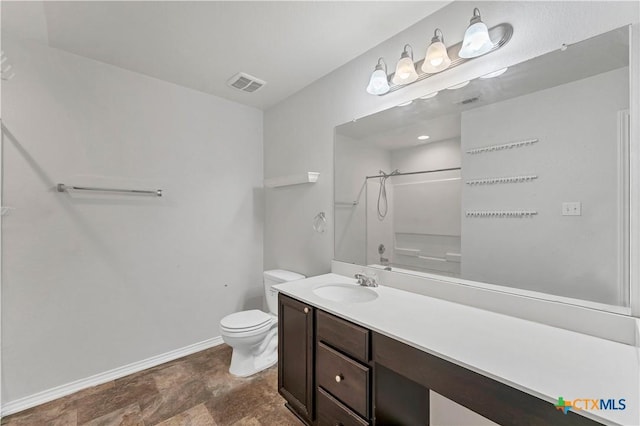111 Sheep Trail Dr, Kyle, TX 78640 - bathroom with visible vents, baseboards, walk in shower, toilet, and vanity