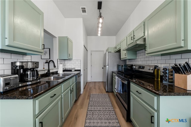 4810 Stone Pointe Dr, Temple, TX 76502 - kitchen with appliances with stainless steel finishes, green cabinets, under cabinet range hood, and decorative backsplash