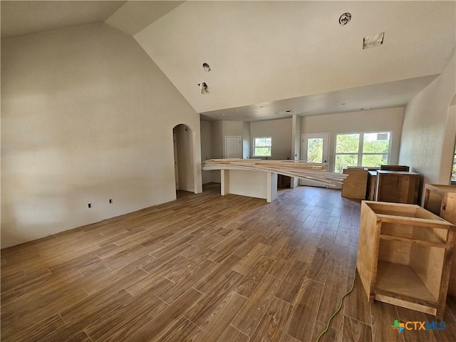 1645 Pecan Cir, Canyon Lake, TX 78133 - unfurnished living room with wood finished floors, high vaulted ceiling, and arched walkways