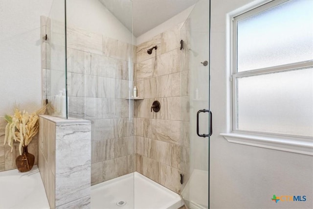 full bathroom with a shower stall, a healthy amount of sunlight, and vaulted ceiling