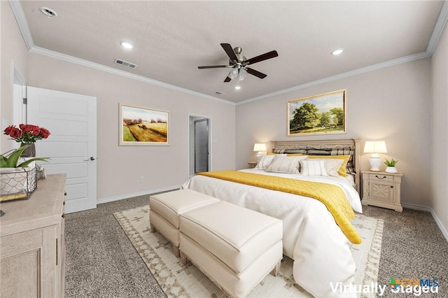 carpeted bedroom with ceiling fan and crown molding