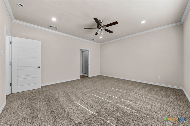 unfurnished room featuring crown molding, carpet floors, and ceiling fan