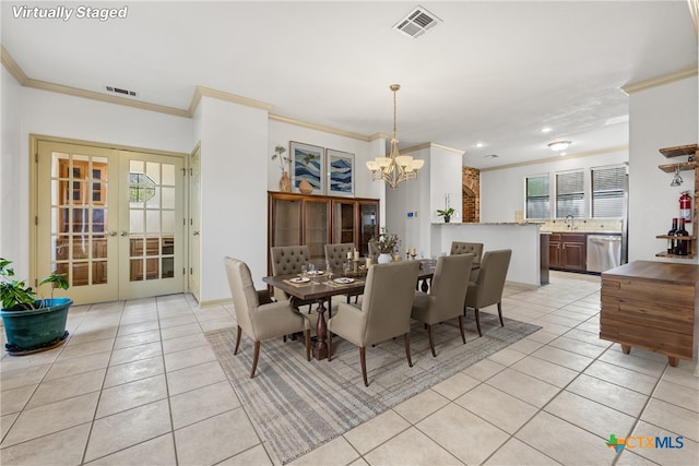 3614 Quail Hollow Rd, Harker Heights, TX 76548 - dining room featuring light tile patterned flooring, a chandelier, french doors, ornamental molding, and recessed lighting
