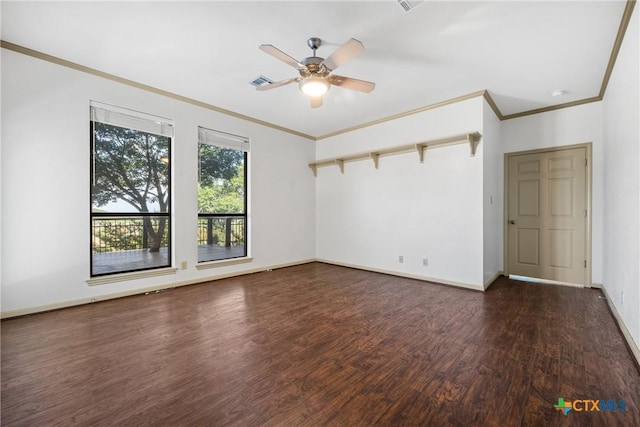 3614 Quail Hollow Rd, Harker Heights, TX 76548 - spare room with dark wood-type flooring, crown molding, and a ceiling fan