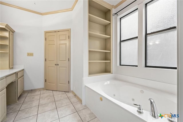 3614 Quail Hollow Rd, Harker Heights, TX 76548 - bathroom featuring a closet, a whirlpool tub, tile patterned flooring, vanity, and ornamental molding