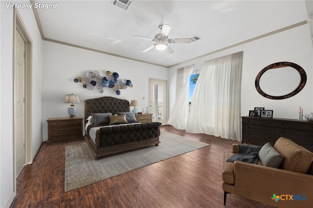 3614 Quail Hollow Rd, Harker Heights, TX 76548 - bedroom featuring dark wood-style flooring, ornamental molding, and ceiling fan