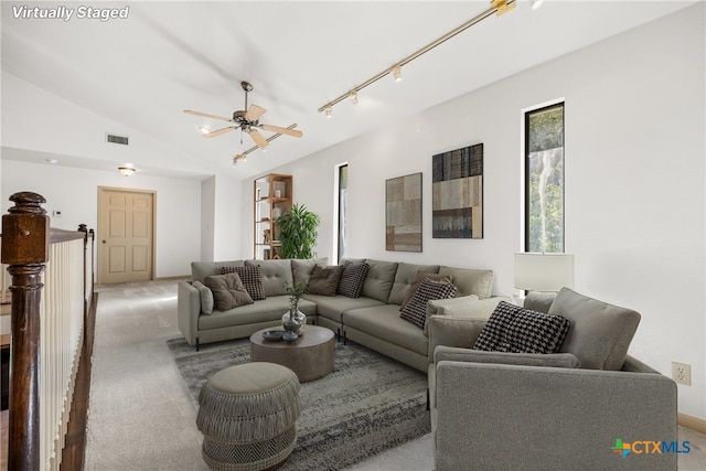 3614 Quail Hollow Rd, Harker Heights, TX 76548 - living room with ceiling fan, carpet floors, and vaulted ceiling