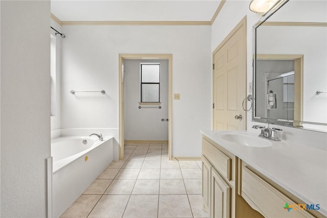 3614 Quail Hollow Rd, Harker Heights, TX 76548 - bathroom with vanity, a bath, crown molding, tile patterned flooring, and a shower with door