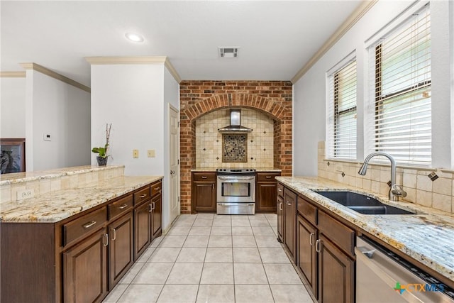 3614 Quail Hollow Rd, Harker Heights, TX 76548 - kitchen featuring appliances with stainless steel finishes, decorative backsplash, wall chimney range hood, light stone counters, and ornamental molding