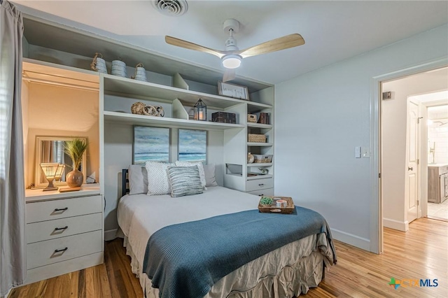 bedroom with ceiling fan and light wood-type flooring