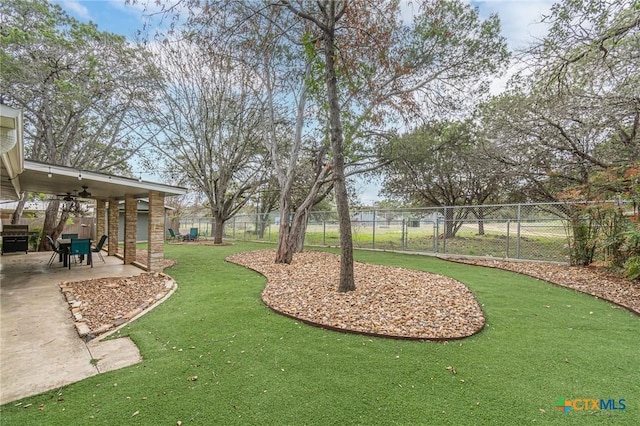 view of yard with a patio and ceiling fan