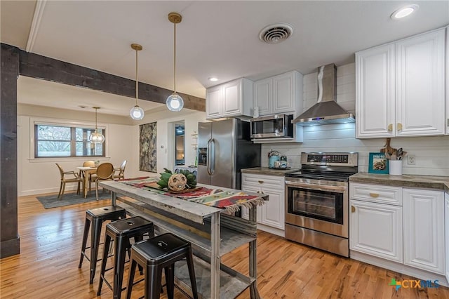 kitchen featuring white cabinetry, appliances with stainless steel finishes, light hardwood / wood-style flooring, wall chimney range hood, and decorative light fixtures