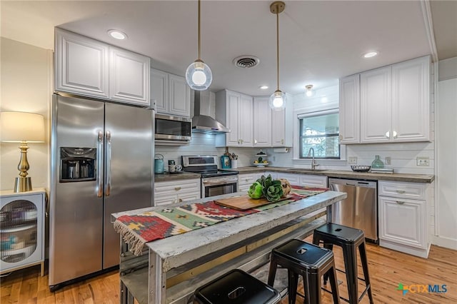 kitchen featuring wall chimney exhaust hood, white cabinets, backsplash, and appliances with stainless steel finishes