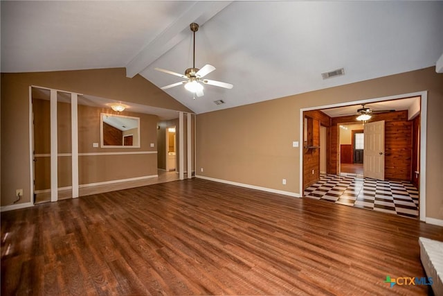 unfurnished living room with wood finished floors, baseboards, a ceiling fan, and visible vents
