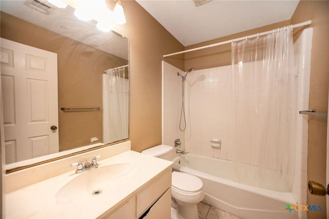 full bathroom featuring toilet, visible vents, tile patterned flooring, shower / bathtub combination with curtain, and vanity