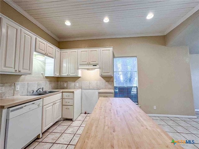 kitchen featuring white cabinetry, butcher block countertops, light tile patterned floors, and white dishwasher