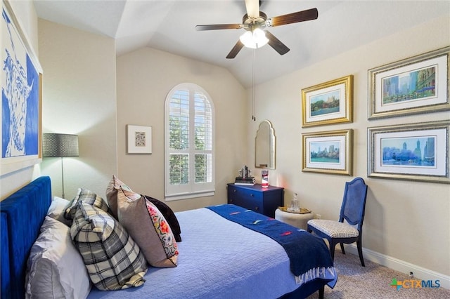 1919 Los Santos Dr, San Marcos, TX 78666 - carpeted bedroom featuring baseboards, ceiling fan, and lofted ceiling