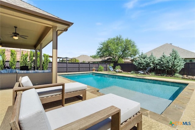 1919 Los Santos Dr, San Marcos, TX 78666 - view of swimming pool with a ceiling fan, a fenced backyard, a patio, an outdoor hangout area, and a fenced in pool