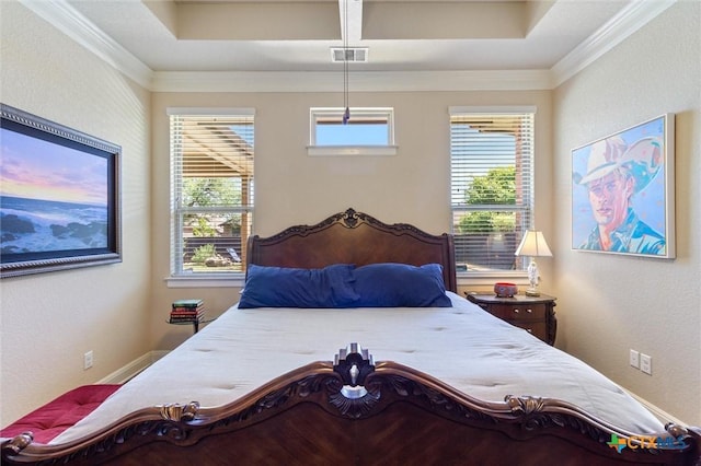 1919 Los Santos Dr, San Marcos, TX 78666 - bedroom featuring a textured wall, ornamental molding, and visible vents
