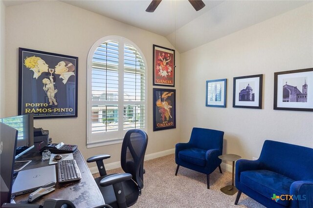 1919 Los Santos Dr, San Marcos, TX 78666 - home office with ceiling fan, a wealth of natural light, lofted ceiling, and carpet floors