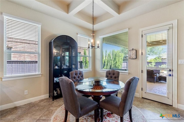 1919 Los Santos Dr, San Marcos, TX 78666 - dining room with coffered ceiling, a chandelier, beamed ceiling, and light tile patterned flooring
