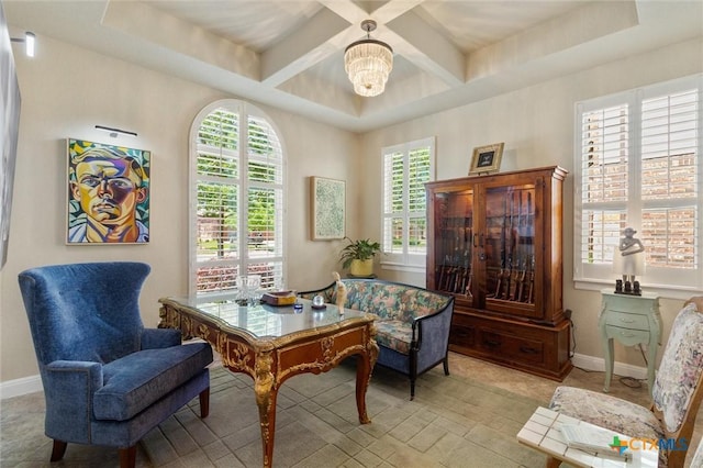 1919 Los Santos Dr, San Marcos, TX 78666 - sitting room with coffered ceiling, beamed ceiling, a notable chandelier, and baseboards