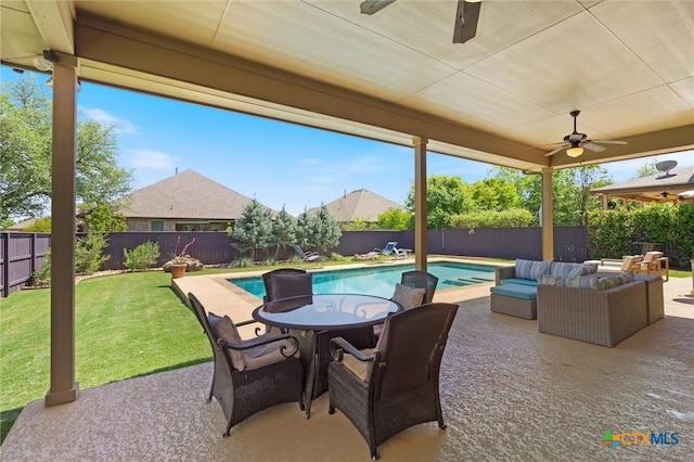 1919 Los Santos Dr, San Marcos, TX 78666 - view of patio with an outdoor living space, a fenced backyard, a fenced in pool, and a ceiling fan