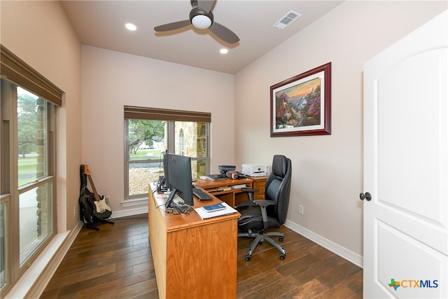 office area with ceiling fan and dark hardwood / wood-style floors