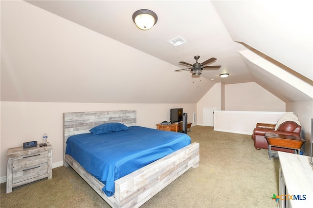 carpeted bedroom featuring ceiling fan and lofted ceiling