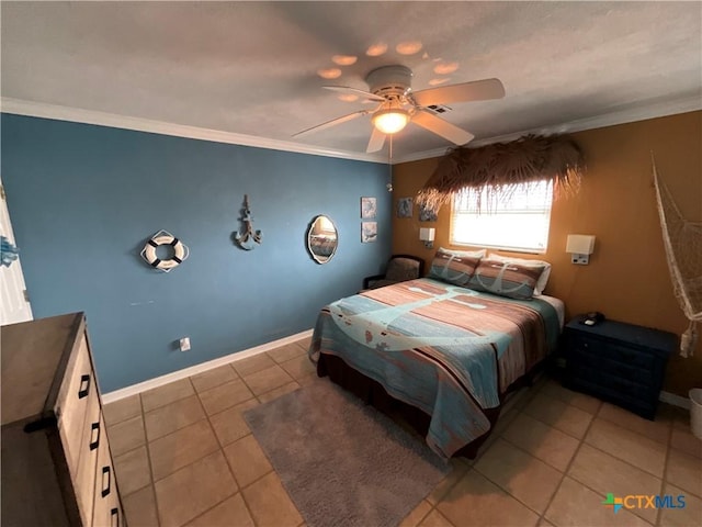 tiled bedroom with crown molding and ceiling fan