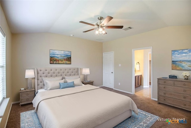 823 Kachina Loop, Harker Heights, TX 76548 - carpeted bedroom featuring vaulted ceiling, baseboards, ensuite bath, and ceiling fan