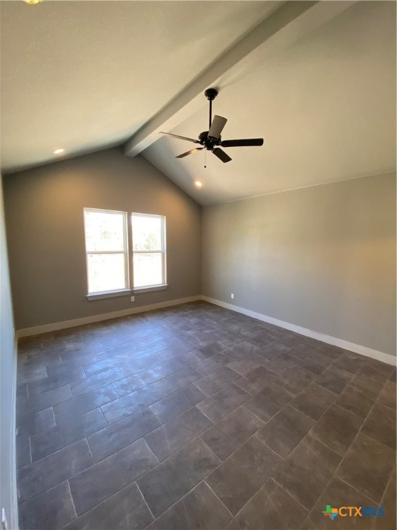 unfurnished room with ceiling fan and lofted ceiling with beams