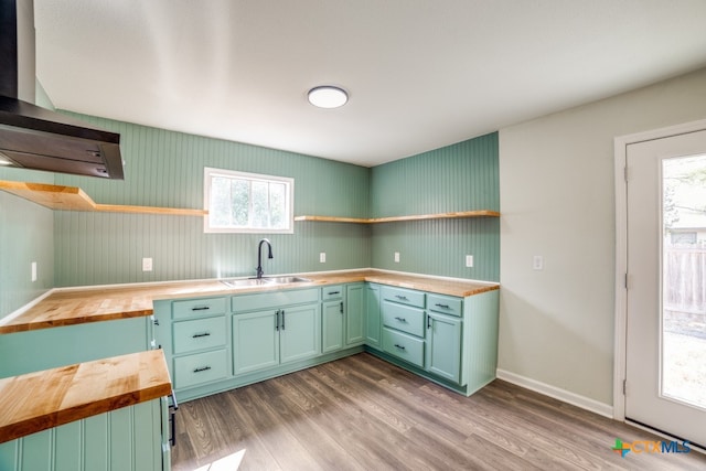 kitchen with a healthy amount of sunlight, hardwood / wood-style floors, butcher block counters, and sink