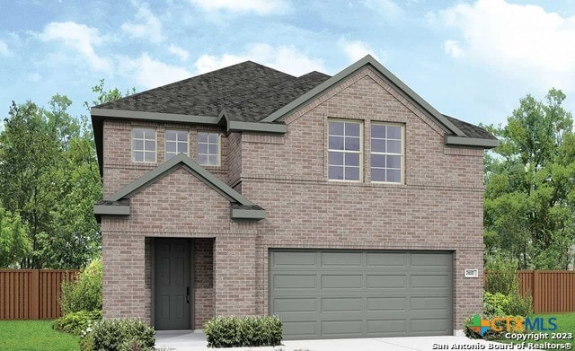 2675 Greenwell Ln, New Braunfels, TX 78130 - view of front of home featuring concrete driveway, an attached garage, brick siding, and fence