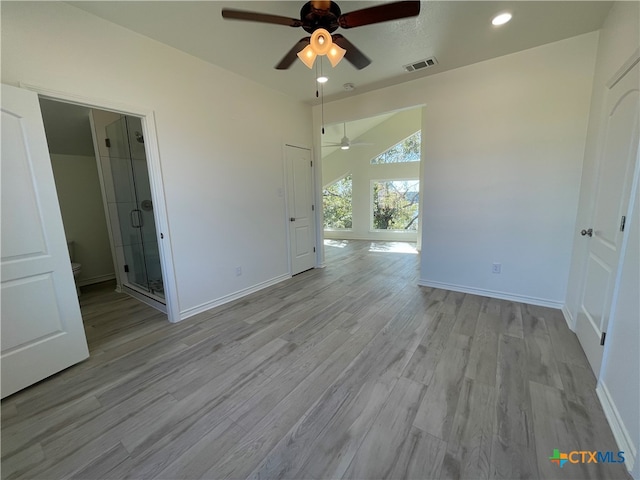 unfurnished room with ceiling fan and light hardwood / wood-style flooring