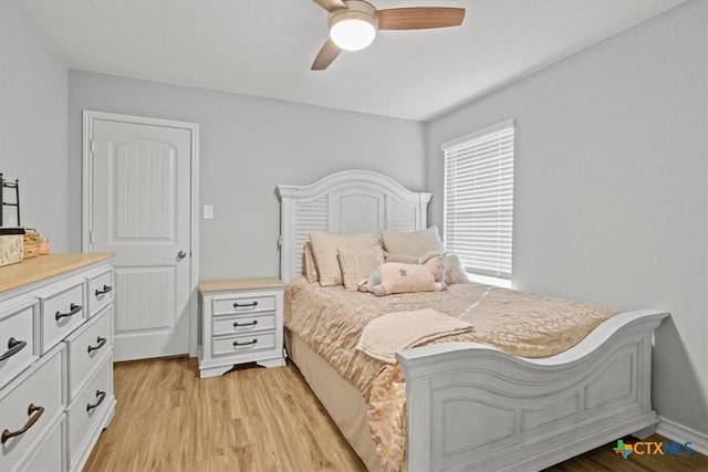 bedroom with ceiling fan and light hardwood / wood-style floors