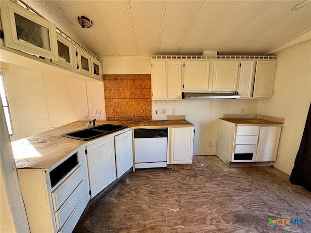 kitchen featuring white cabinets, white dishwasher, and sink