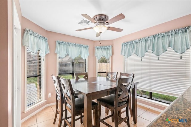 dining area with light tile patterned flooring, visible vents, baseboards, and a ceiling fan