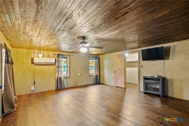 unfurnished living room featuring hardwood / wood-style floors, ceiling fan, wood ceiling, and a wall mounted air conditioner