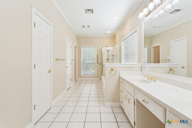 104 Twelve Oaks Dr, Temple, TX 76504 - full bath with crown molding, visible vents, a stall shower, and tile patterned flooring