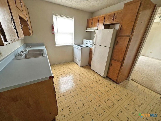 kitchen featuring light floors, a sink, a textured ceiling, white appliances, and under cabinet range hood