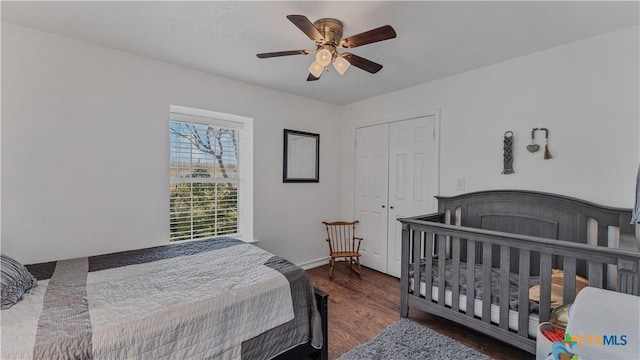 bedroom featuring dark hardwood / wood-style floors, ceiling fan, and a closet