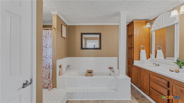 bathroom with a washtub, vanity, crown molding, and a textured ceiling